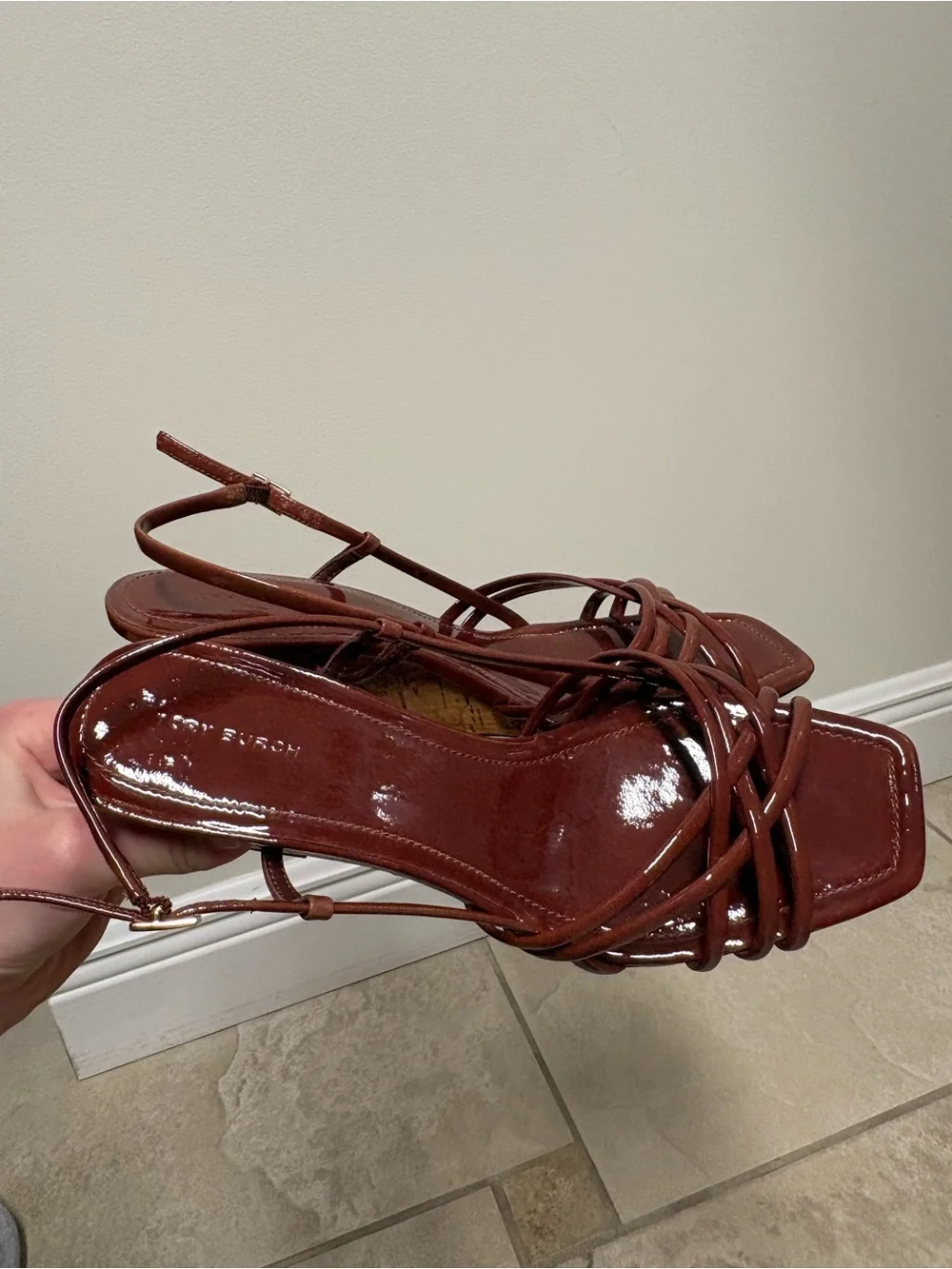 Tory Burch Burgundy Patent Leather Strappy Cork Wedge Sandals